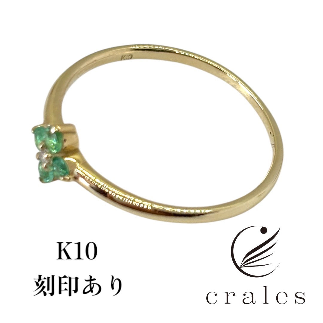 フラワーリング エメラルド   センターダイヤモンド　K10(10金イエローゴールド指輪)